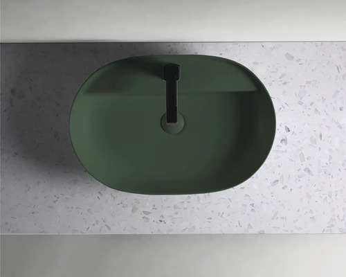 Aufsatzwaschbecken aus Keramik mit Armatur von oben