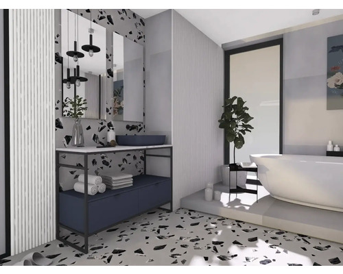 Salle de bain lumineuse avec meuble-lavabo, miroirs et baignoire îlot