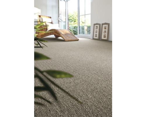 Scène avec moquette, chaise longue en osier et plante d''intérieur
