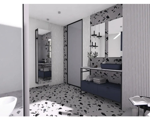 Salle de bain lumineuse avec miroirs, meuble-lavabo et sol en terrazzo