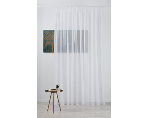 Weißer, transparenter Gardinenschal im Raum mit Beistelltisch und Bild
