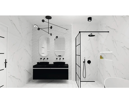 Salle de bains avec meuble-lavabo, miroirs, douche et éclairage en noir et blanc