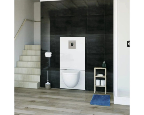 Modernes Badezimmer mit wandhängendem WC, Unterputzspülkasten und dunklen Fliesen