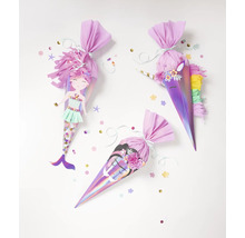 Trois cornets scolaires avec motifs sirène, licorne et nuage