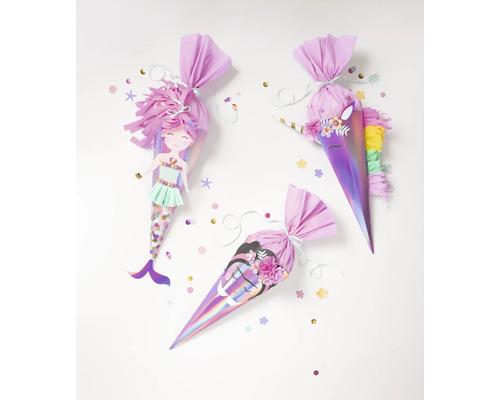 Trois cornets scolaires avec motifs sirène, licorne et nuage