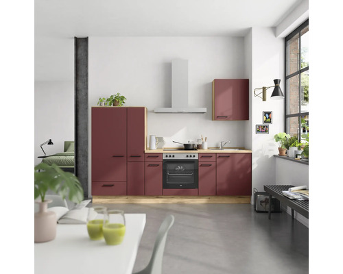Bloc cuisine complète NOBILIA Urban 270 cm façade rouge rouille mate, corps chêne sierra variante à gauche monté