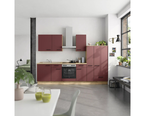 Bloc cuisine complète NOBILIA Urban 330 cm façade rouge rouille mate, corps chêne sierra variante à droite monté