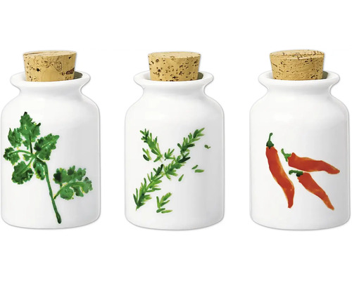 Trois bocaux de conservation blancs en céramique avec couvercle en liège et motifs d''herbes aromatiques