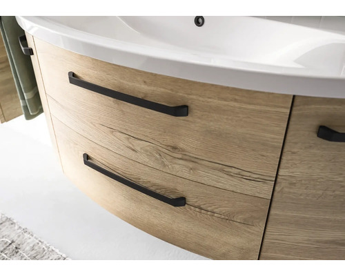 Waschtischunterschrank mit Holzoptik und schwarzen Griffen