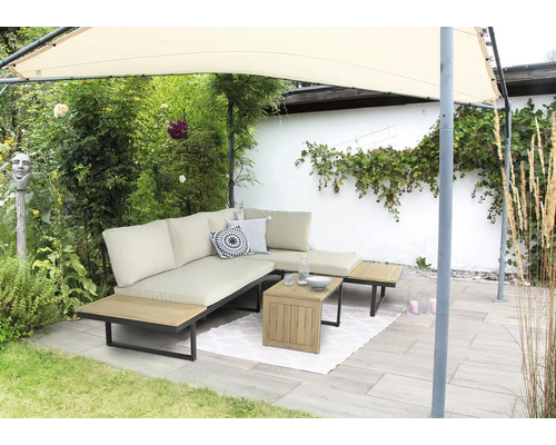 Ensemble lounge bellavista - Home & Garden Cella canapé d'angle+table alu/bois Scène de jardin avec pavillon, mobilier de salon et décorations pour une ambiance détendue