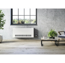 Vue d''une pièce avec un radiateur horizontal monté sous une fenêtre.