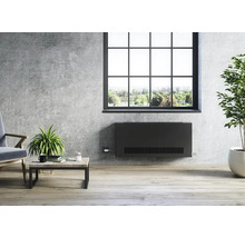 Wohnzimmer mit Heizkörper unter dem Fenster, Sessel, Couchtisch und Zimmerpflanzen