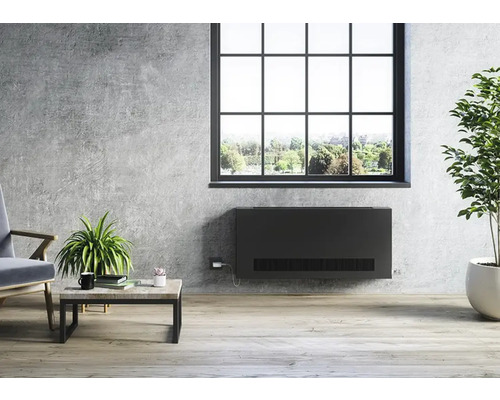 Wohnzimmer mit Heizkörper unter dem Fenster, Sessel, Couchtisch und Zimmerpflanzen