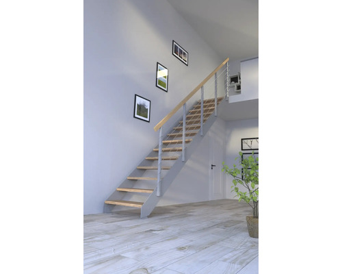 Intérieur avec escalier, marches en bois et rampe en métal