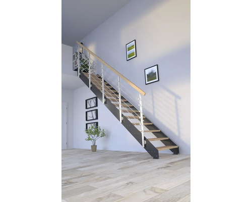 Escalier avec cadre métallique et marches en bois dans une pièce lumineuse