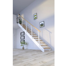 Heller Raum mit einer Treppe mit Holzstufen und weißen Geländern, dekoriert mit Pflanzen und Bildern