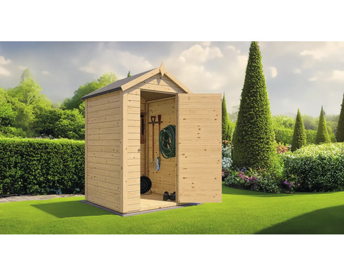 Gartenschuppen aus Holz mit geöffneter Tür auf Rasenfläche