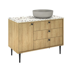 Meuble-lavabo avec lavabo, une porte et trois tiroirs pour la salle de bain.