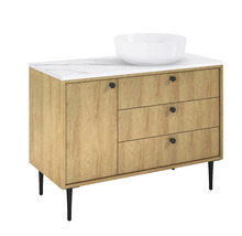 Meuble-lavabo avec lavabo, trois tiroirs, une porte et des pieds
