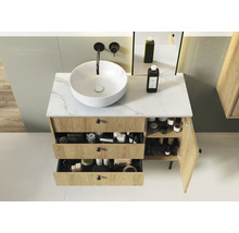 Meuble-lavabo de salle de bain avec tiroirs, plan de toilette en pierre et lavabo à poser