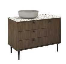 Meuble-lavabo avec trois tiroirs, une porte et une vasque à poser