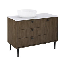 Meuble sous-lavabo avec trois tiroirs, une porte, une vasque à poser et un plateau en marbre