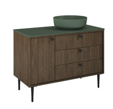 Meuble sous-lavabo avec vasque à poser, aspect bois avec trois tiroirs et une porte