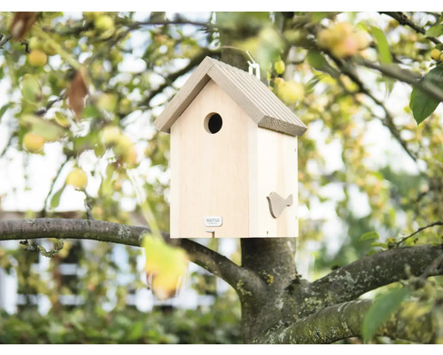 Nichoir en bois avec motif d''oiseau suspendu à un arbre