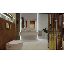 Modernes Badezimmer mit Wand-WC, Waschtisch und Spiegeln