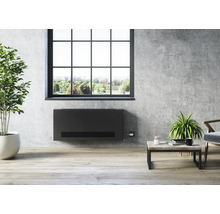 Wohnzimmer mit modernem Heizkörper an der Wand unter dem Fenster, Zimmerpflanze, Couchtisch und Sessel