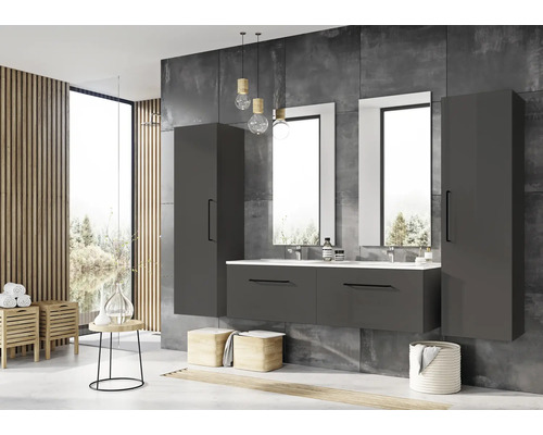 Modernes Badezimmer mit grauen Möbeln, Waschbecken, Spiegeln und Holzelementen