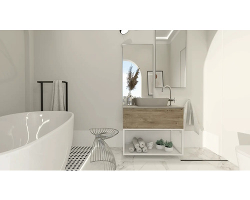 Salle de bains lumineuse avec baignoire autoportante, meuble-lavabo avec miroir et éléments décoratifs pour une ambiance conviviale.