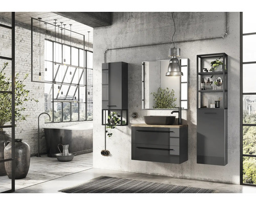 Badezimmer im Loftstil mit Waschbeckenunterschrank, Spiegelschrank und Hochschrank