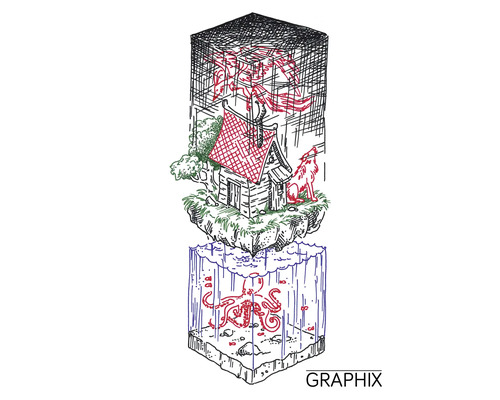 Dessin avec cabane, loup, dragons et pieuvre en forme de cube