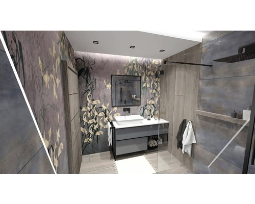 Modernes Badezimmer mit Waschbeckenunterschrank, Spiegel und Dusche