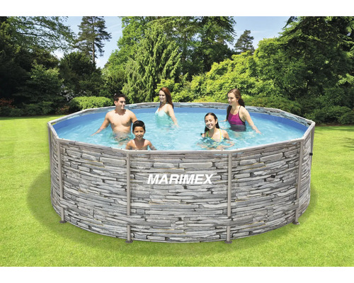 Piscine tubulaire Marimex aspect pierre avec personnes qui se baignent