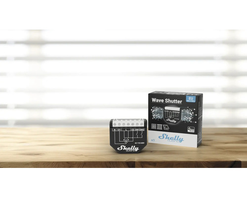 Shelly Wave Shutter zur Steuerung von Rollläden und Jalousien mit zugehöriger Produktverpackung