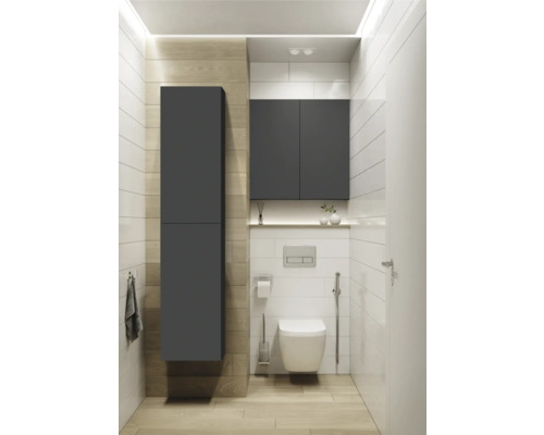 Modernes Badezimmer mit Toilette, Waschbecken und grauen Badezimmermöbeln