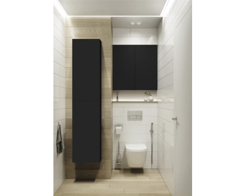 Modernes Badezimmer mit Toilette, Waschbeckenunterschrank und Hochschrank