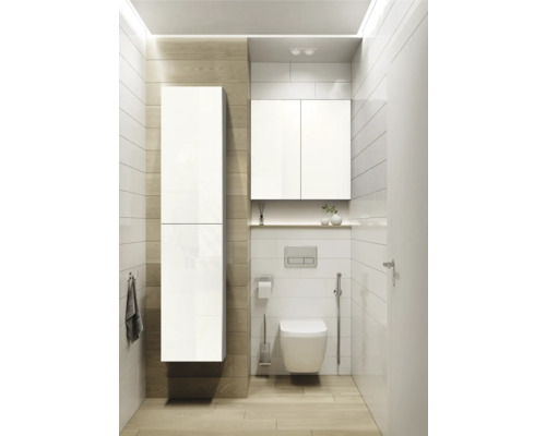 Modernes Badezimmer mit Toilette, Waschbecken, Badmöbeln und Handtuch