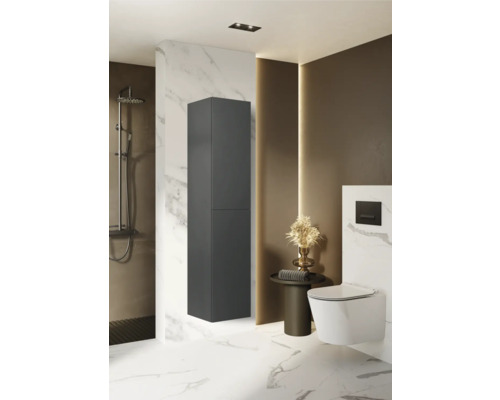 Salle de bains moderne avec douche, WC suspendu, lavabo et armoire haute pour rangement
