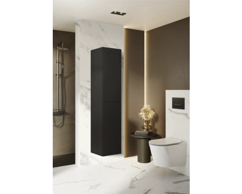 Modernes Badezimmer mit schwarzem Hochschrank, Dusche und Toilette