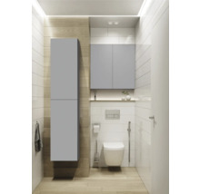 Salle de bains moderne avec toilettes, réservoir de chasse, armoire suspendue et armoire haute