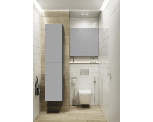 Salle de bains moderne avec toilettes, réservoir de chasse, armoire suspendue et armoire haute