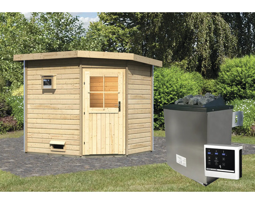 Aussensauna aus Holz mit Saunaofen im Garten