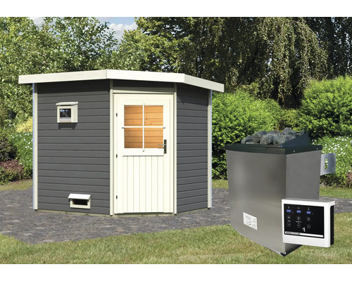 Aussensauna mit Saunaofen und Steuergerät im Garten