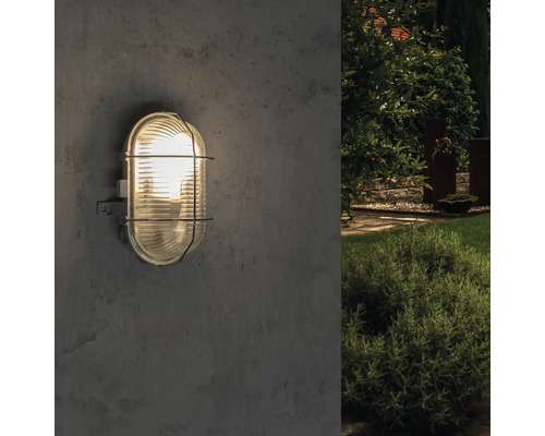 Luminaire extérieur de forme ovale avec grille de protection monté sur un mur.