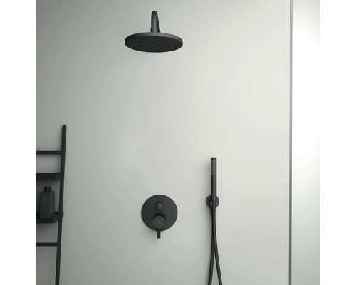 Système de douche avec pomme de tête, douchette à main et mitigeur thermostatique pour montage mural