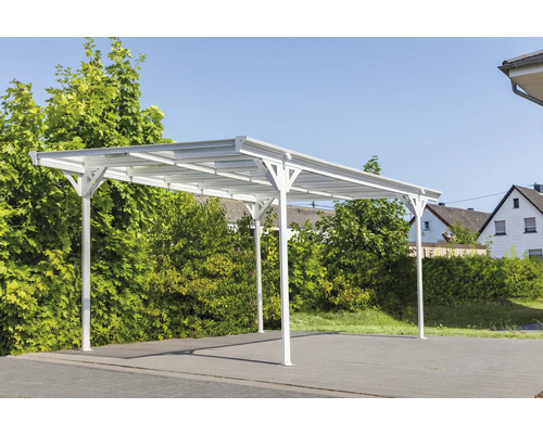 Carport simple toit plat plaques alvéolaires 6 mm 15 m² gouttière comprise 305 x 503 cm blanc