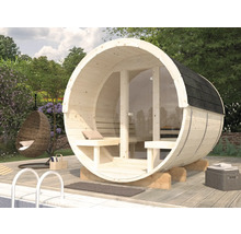 Sauna baril Palmako Anita 1 sans poêle avec bardeaux et façade entièrement vitrée en verre transparent.